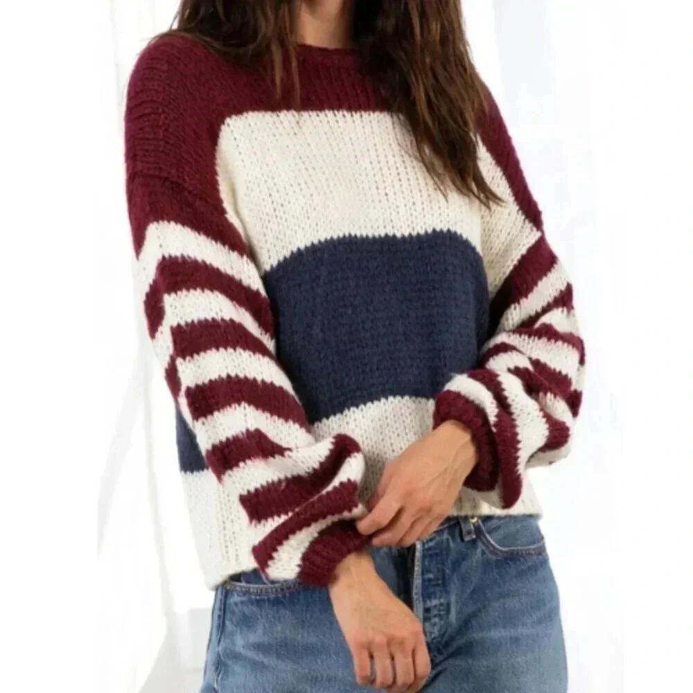 Lovestitch Womens Medium Striped Colorblock Crew Neck Sweater - Picture 1 of 16